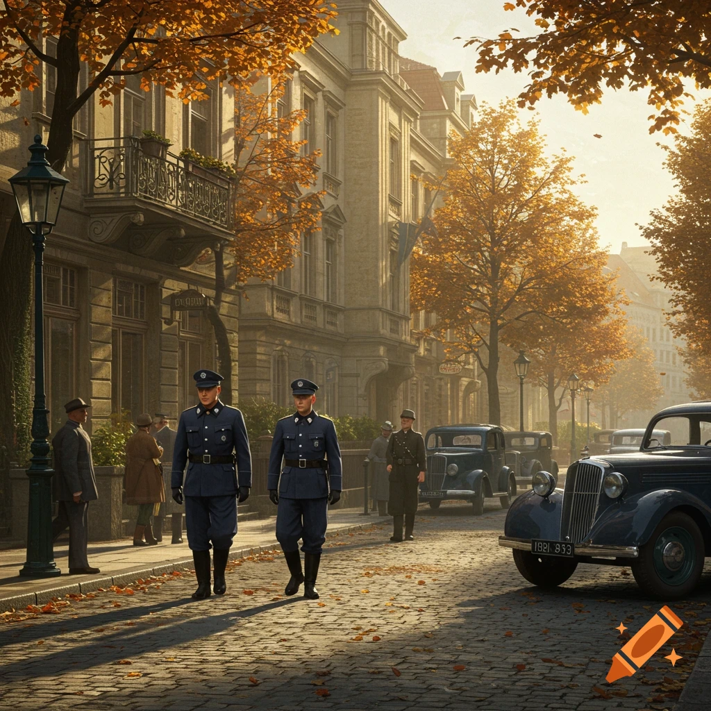 Two policemen in dark blue uniforms walk down a cobblestone street lined with vintage cars and autumn trees in a European city.