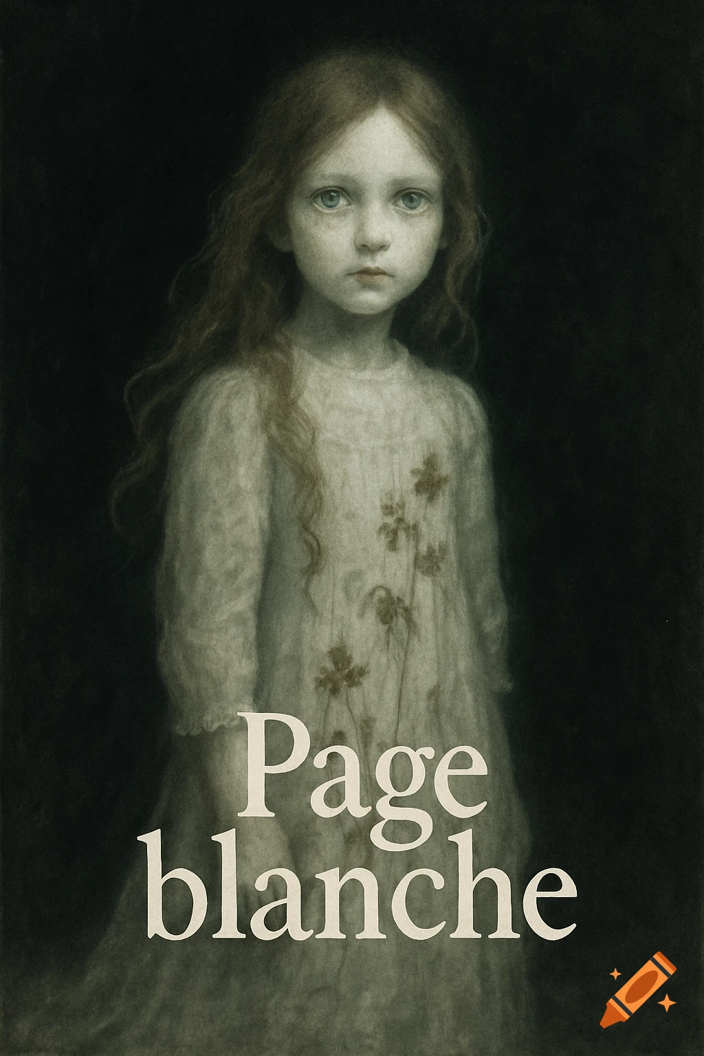A ghostly little girl with long brown hair and pale blue eyes stares forward, wearing a white dress with faded flowers, against a dark, textured background. The title "Page blanche" is at the bottom in white text. Painterly, eerie style.