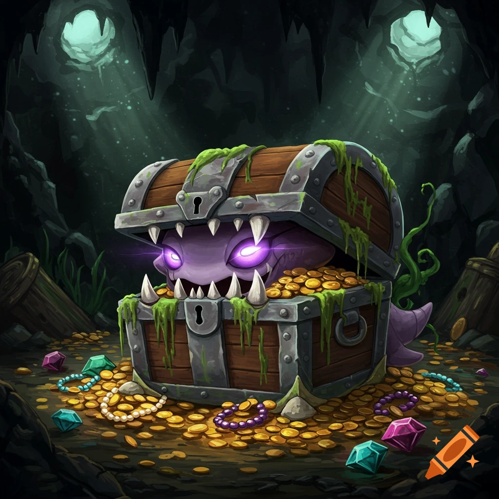 A purple monster with glowing eyes and sharp teeth emerges from an open wooden treasure chest filled with gold coins and jewels in a dark cave.