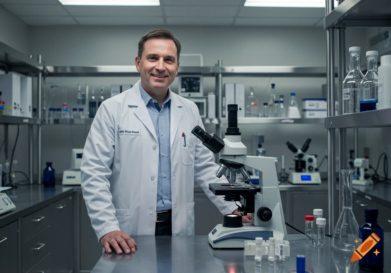 A smiling male doctor in a white lab coat stands next to a microscope in a modern, well-lit laboratory with scientific equipment. Photorealistic.