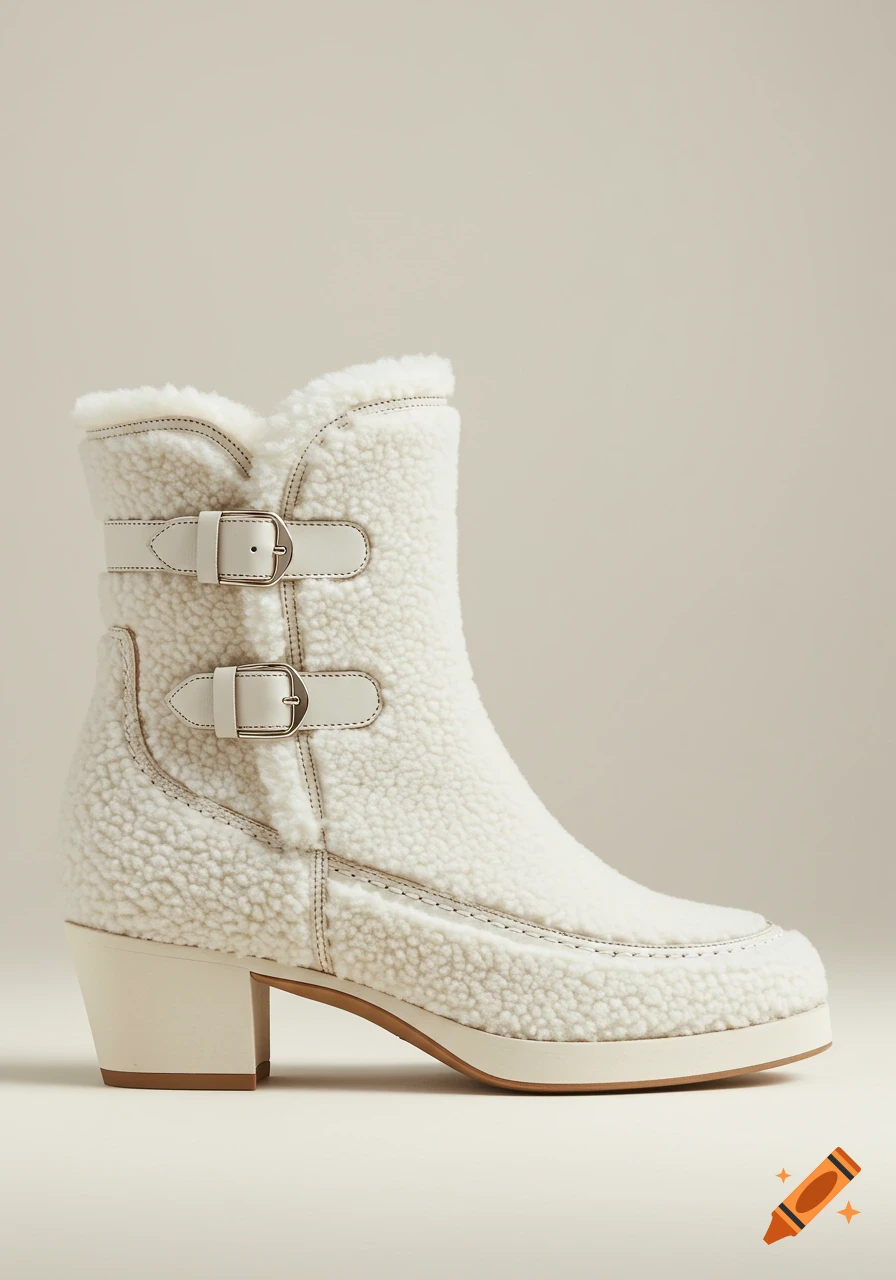 A white teddy fabric women's ankle boot with two silver buckles and a block heel, against a neutral background.