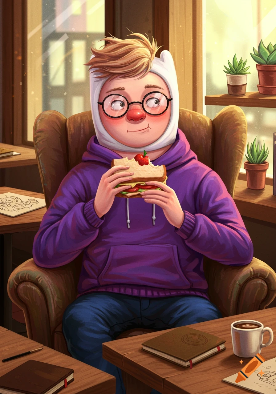 A cartoon boy in a Finn hat and purple hoodie eats a sandwich with a cherry on top in a cafe.