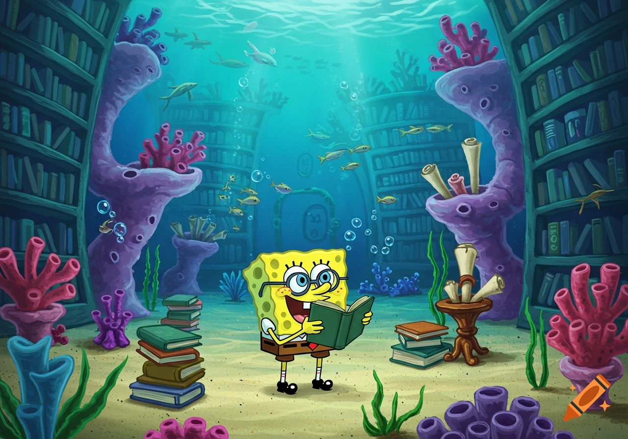 Spongebob Squarepants wearing glasses, sitting on the ocean floor and reading a book in an underwater library with coral bookshelves.