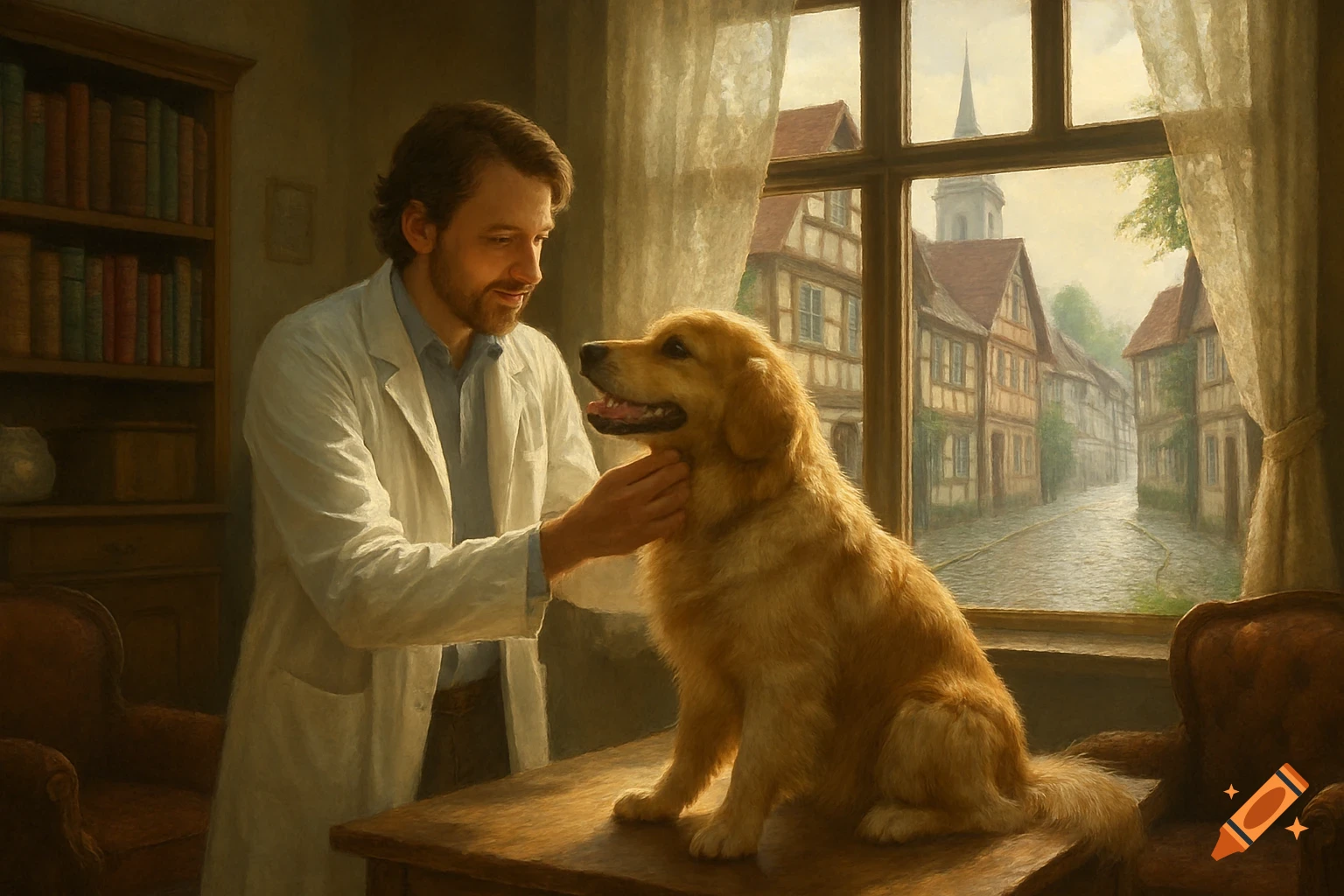 A veterinarian in a white lab coat gently pets a golden retriever on a table, looking out a window to a European street, in a painterly style.