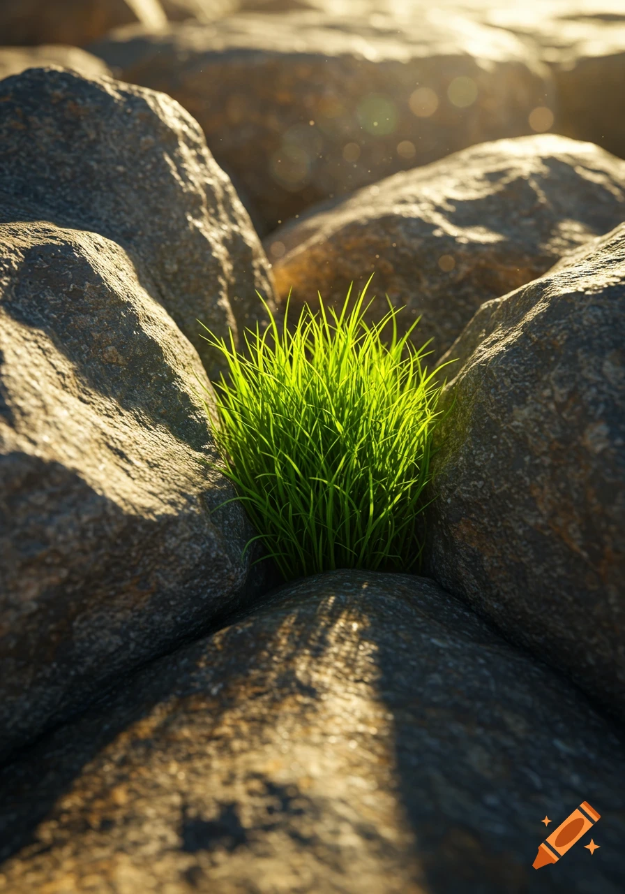 Photorealistic close-up of vibrant green grass growing between sun-drenched rocks with bokeh effects.