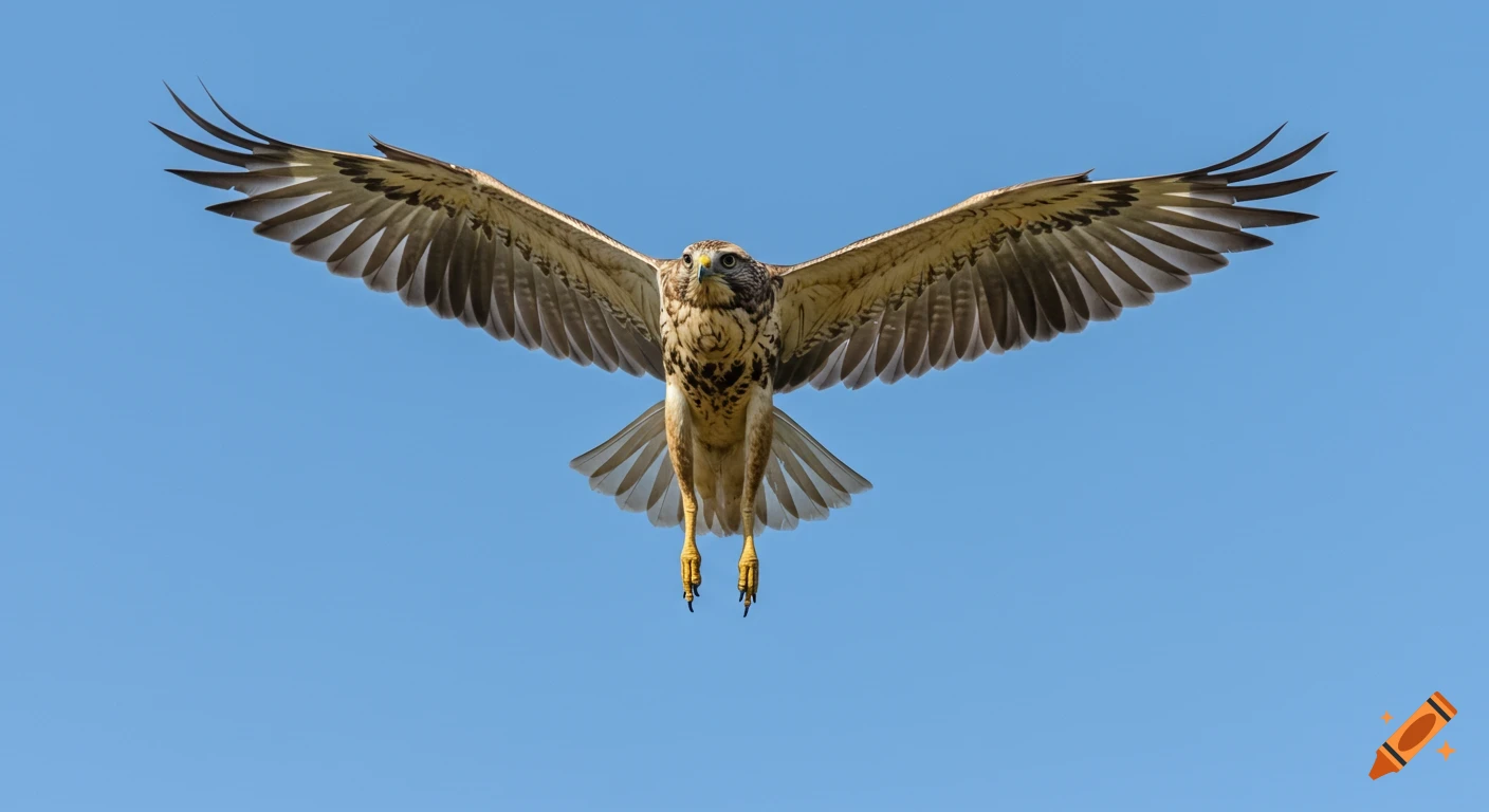Photo-realistic image of a large hawk with outstretched wings soaring high in a clear blue sky.