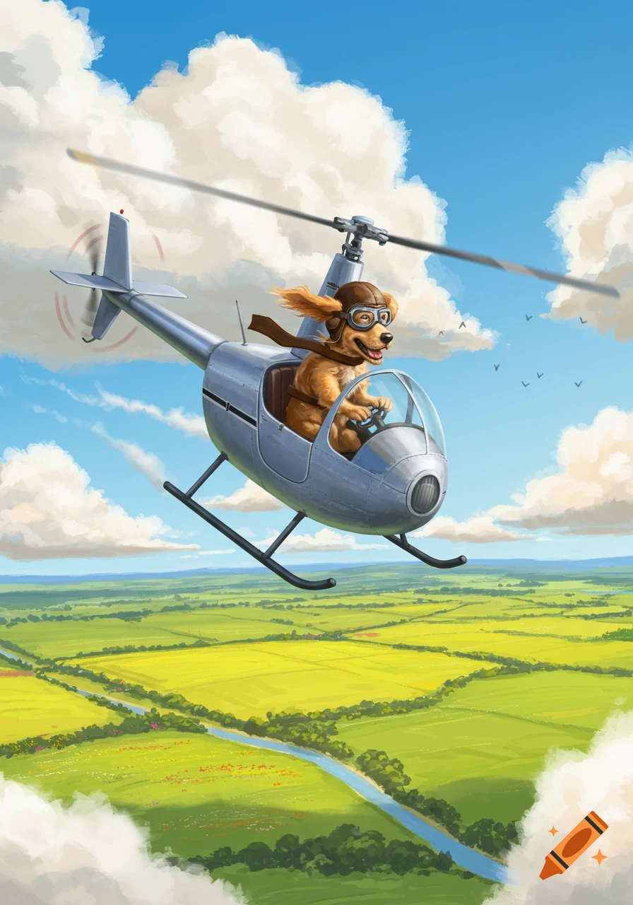 A cartoon dog in aviator gear pilots a helicopter high above a green landscape with a winding river.