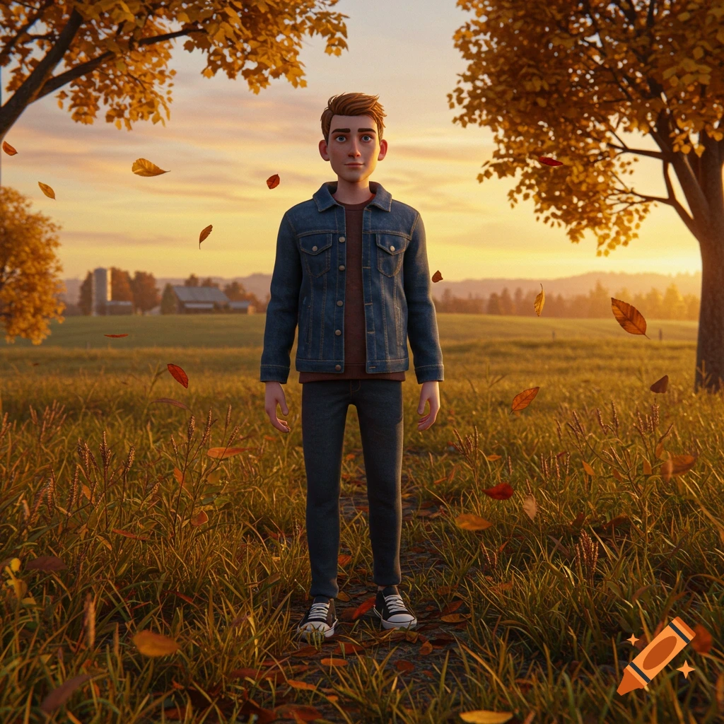 3D animated young man in a denim jacket standing in an autumn field with falling orange leaves and a sunset background.