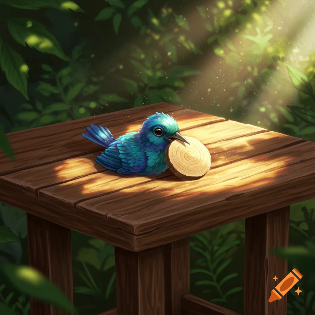 A small blue bird holds a wooden disc on a sunlit wooden table in a lush green forest, digital art.