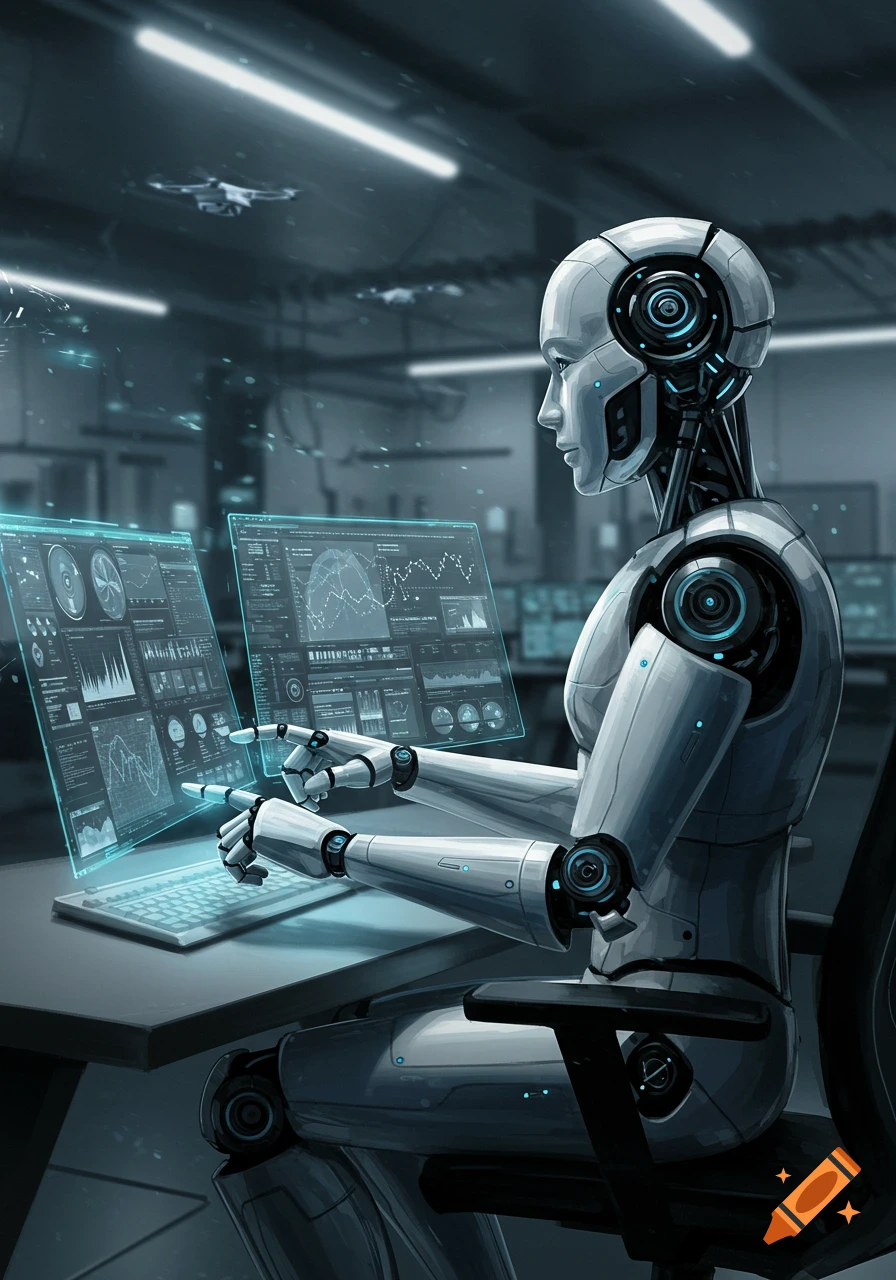 A humanoid robot interacts with glowing data screens and a laptop in a futuristic lab, digital art.