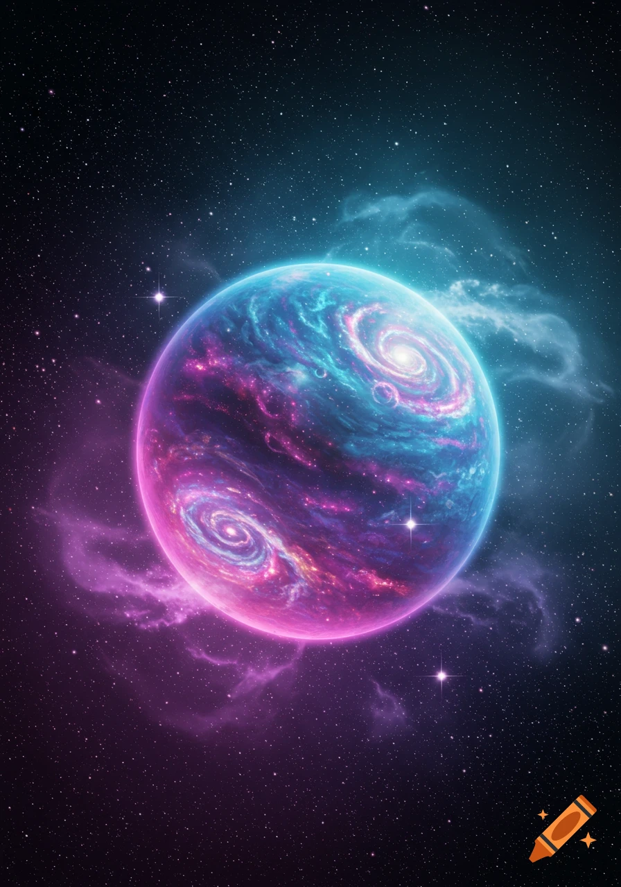 A vibrant, cosmic planet with swirling blue and purple nebulae, surrounded by stars in deep space.