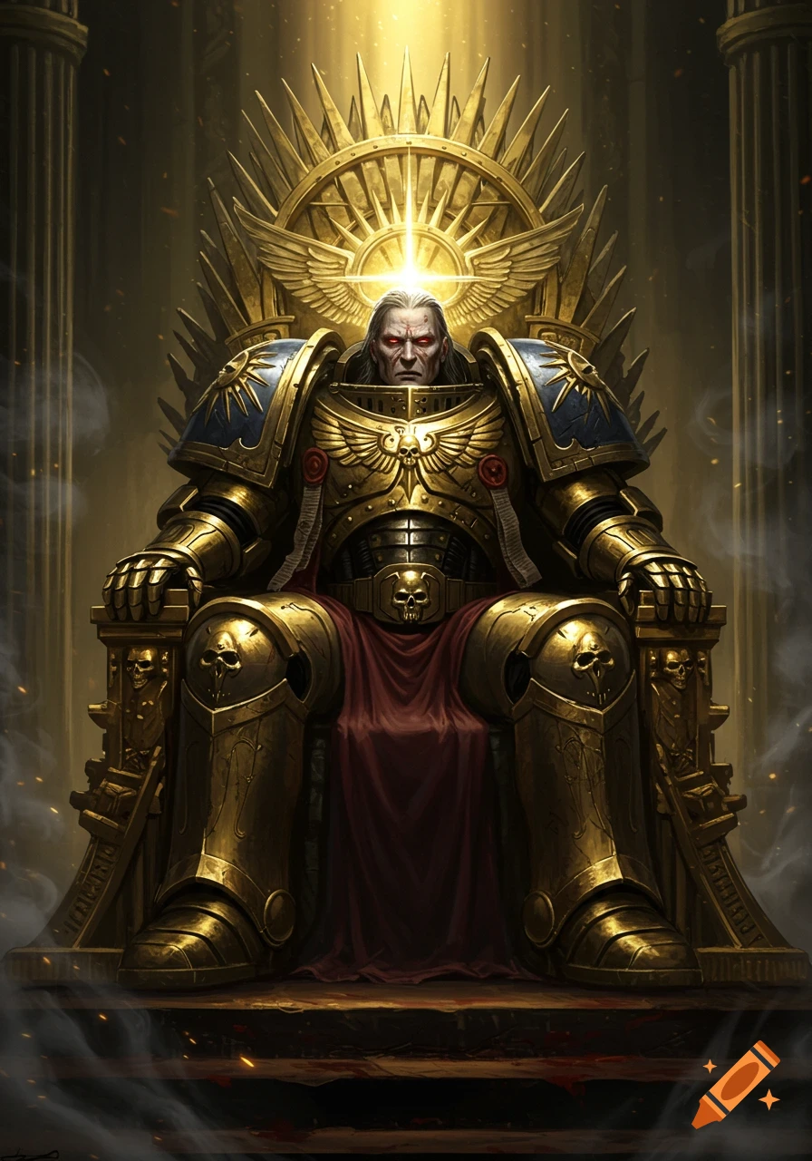 Powerful man with long white hair and glowing red eyes in ornate golden armor sits on a grand golden throne, bathed in divine light.