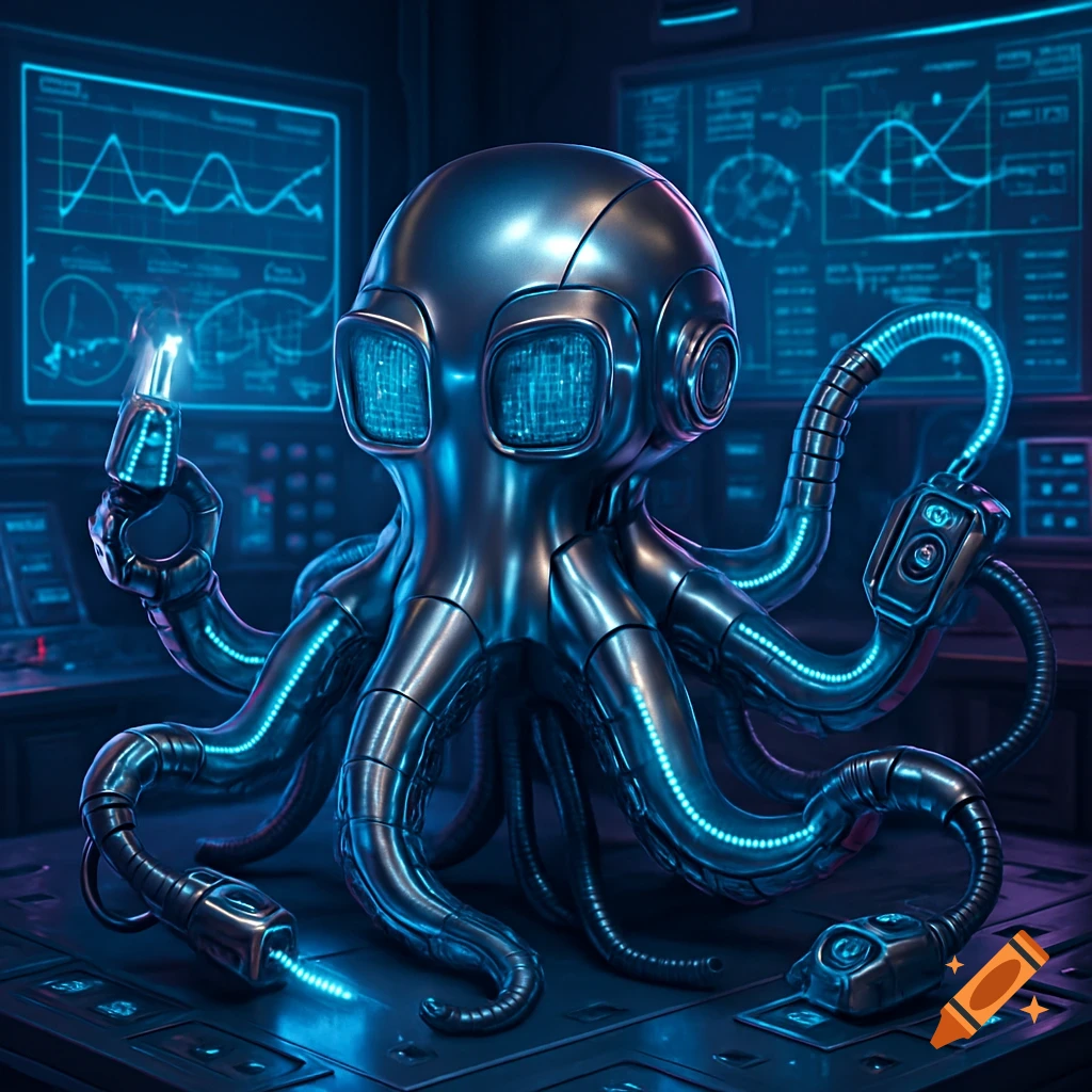 Sleek metallic octopus with glowing blue neon tentacles and LED eyes in a futuristic lab with holographic charts.