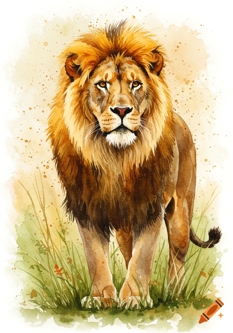 A majestic lion with a golden mane stands in tall green grass, painted in a watercolor style.