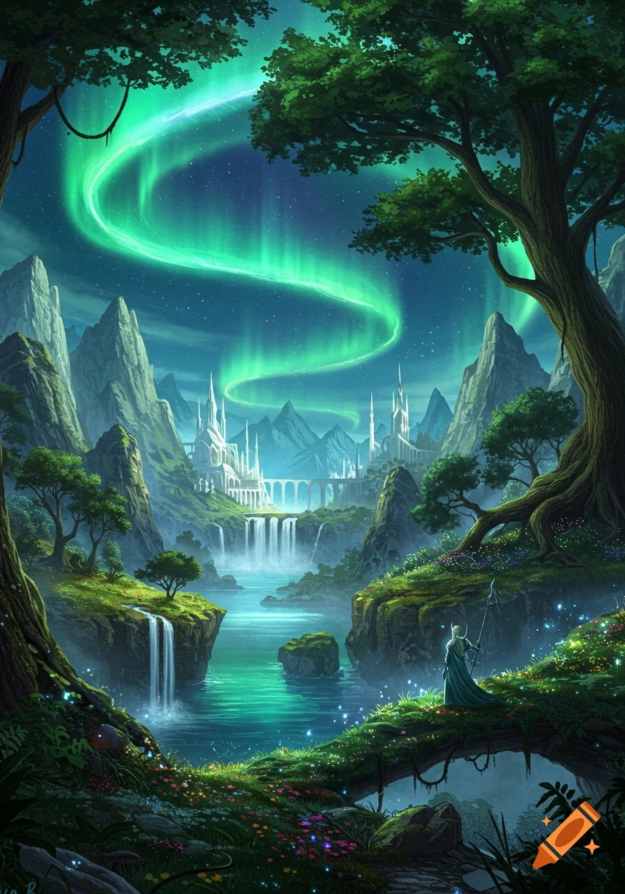 Lush fantasy landscape with a green aurora, waterfalls, a distant white castle, and a robed figure by a glowing river.