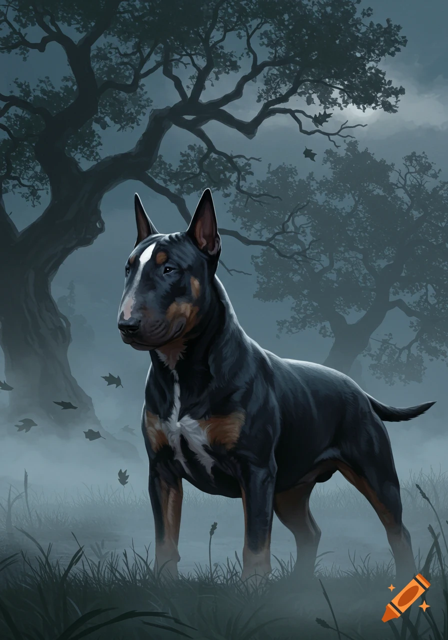 A black Bull Terrier with white markings stands in a misty, dark forest with gnarled trees, digital art.