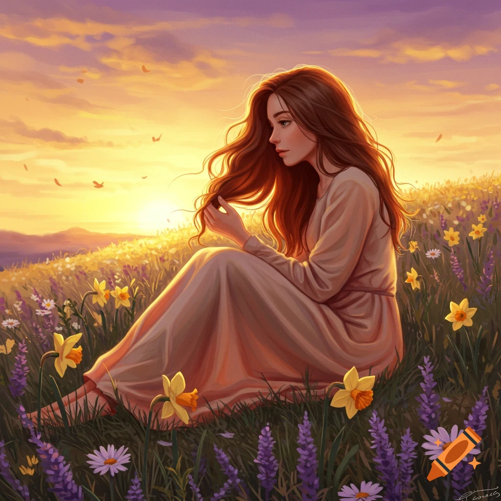 Digital painting of a girl with long red hair sitting in a field of daffodils and lavender at sunset.