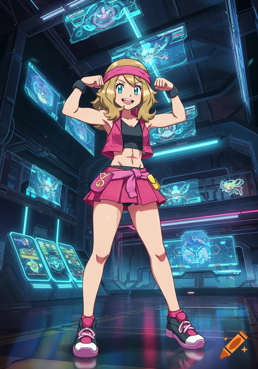 Serena from Pok emon flexes her arm muscles in a futuristic gym, surrounded by glowing blue holographic screens. She wears a pink and black sports outfit.