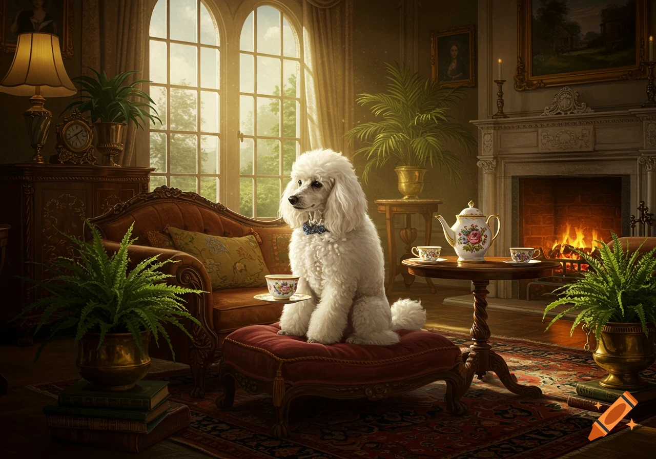 A fancy white poodle sits on a red ottoman in a lavish, sunlit classical room with a fireplace and tea set. Photorealistic style.