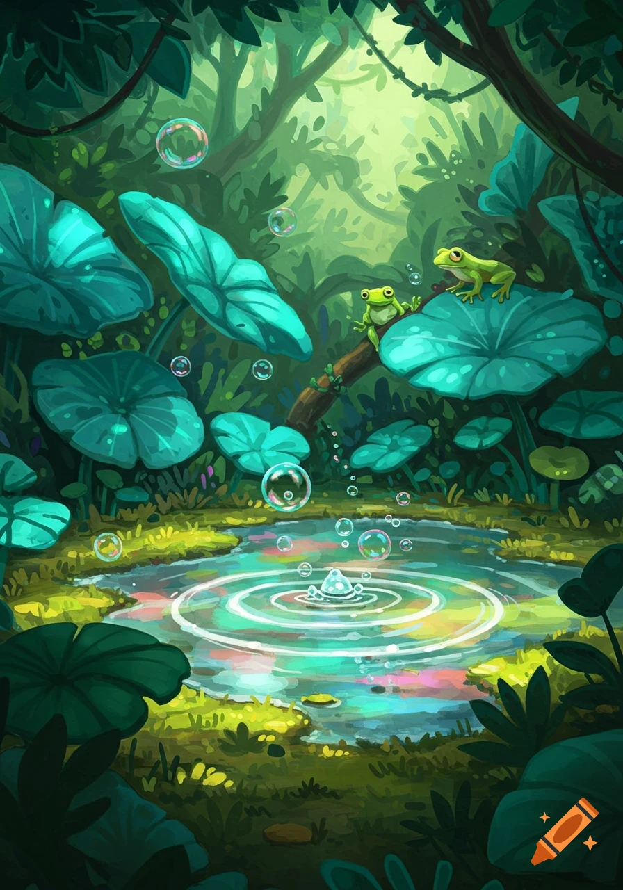 Two green frogs on lily pads and a branch above a pond with colorful reflections and bubbles, in a lush green forest illustration.