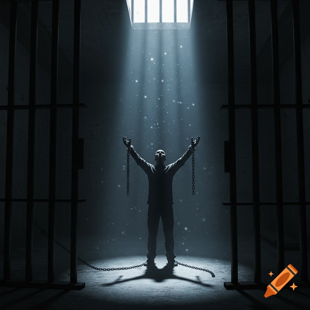 A man in a dark prison cell with chains on his wrists raises his arms towards a light beam from a high barred window.