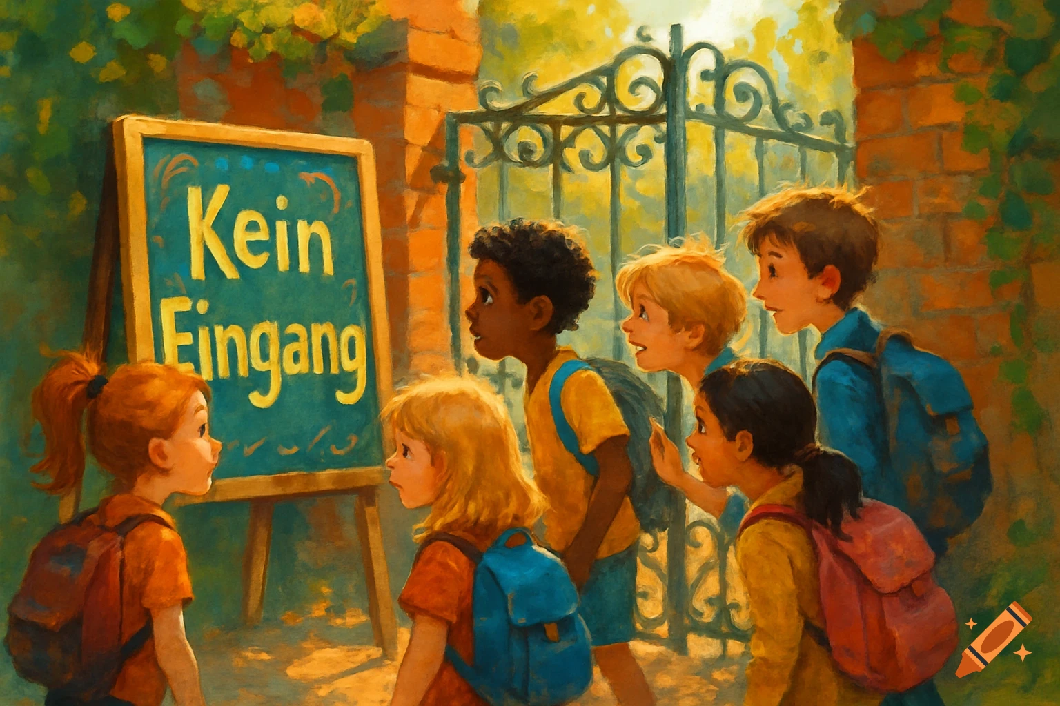 A group of diverse children with backpacks look at a sign reading 'Kein Eingang' (No Entry) near a decorative gate, in a painterly style.
