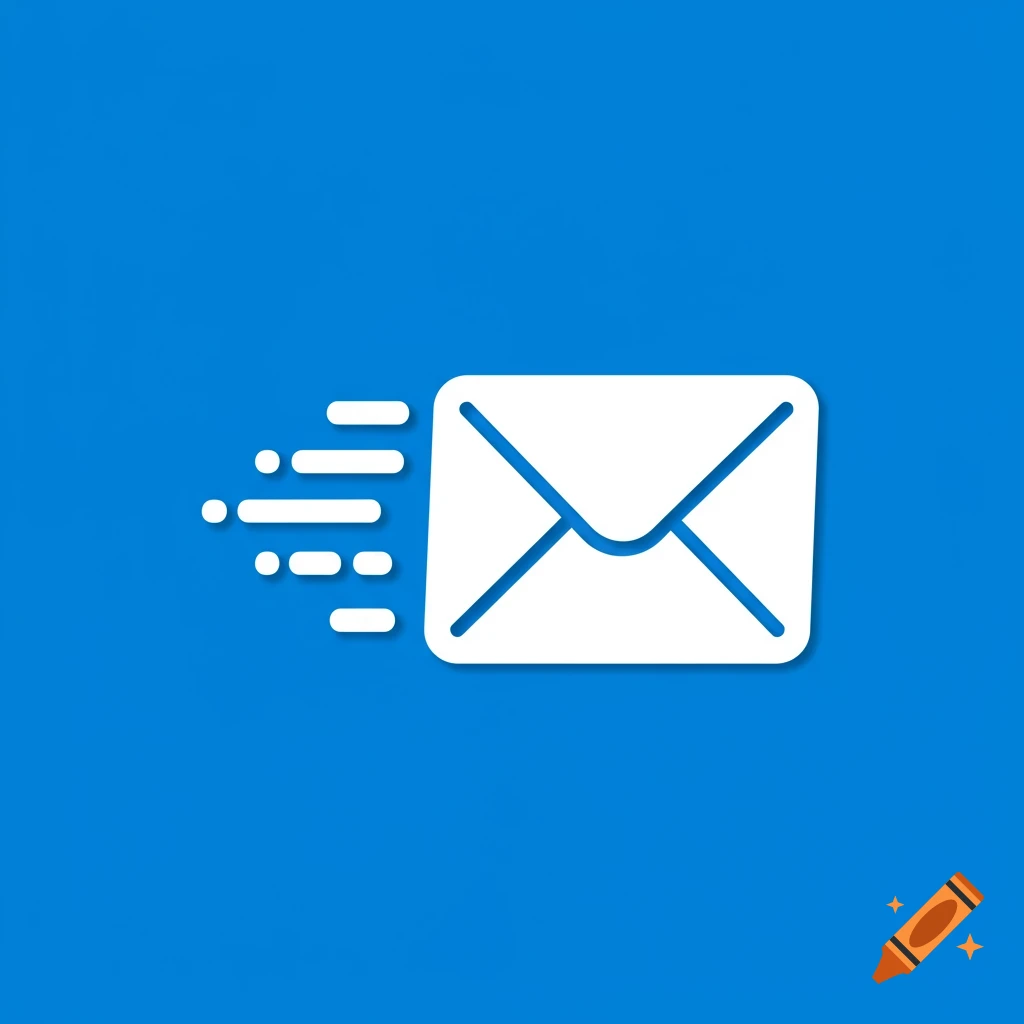 A stylized white mail envelope icon with speed lines on a blue background.