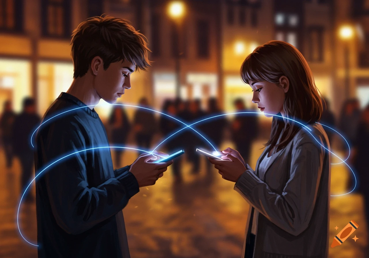 Digital illustration of a young man and woman looking at their smartphones, connected by glowing blue lines in an urban night scene.