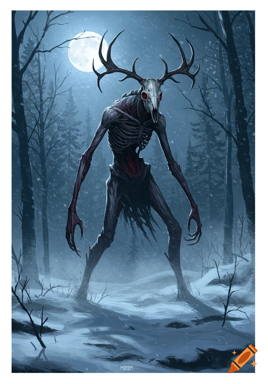 A skeletal Wendigo with a deer skull head and antlers stands in a snowy, moonlit forest, digital art.