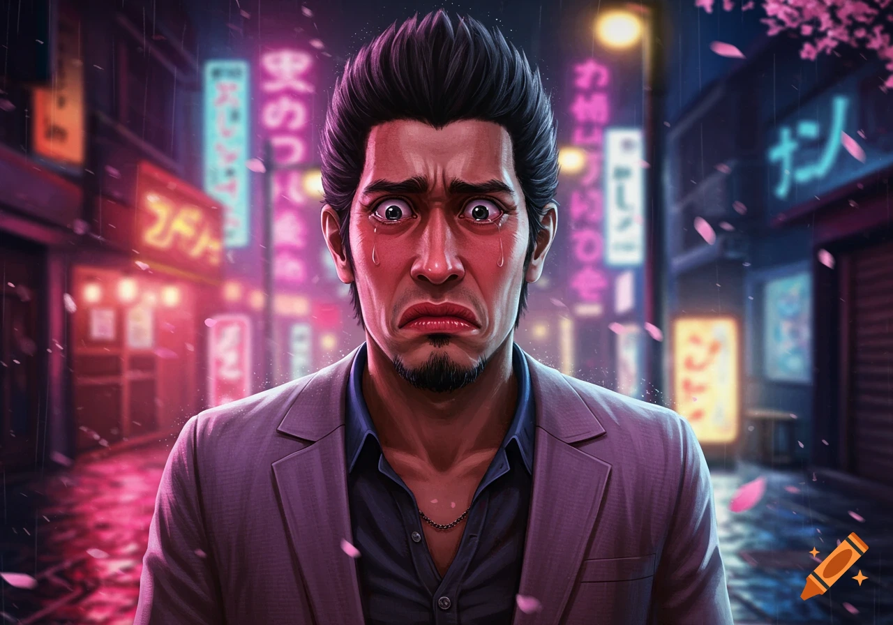 A distressed man resembling Kiryu with a 'pien' crying face, standing in a rainy, neon-lit Japanese street.