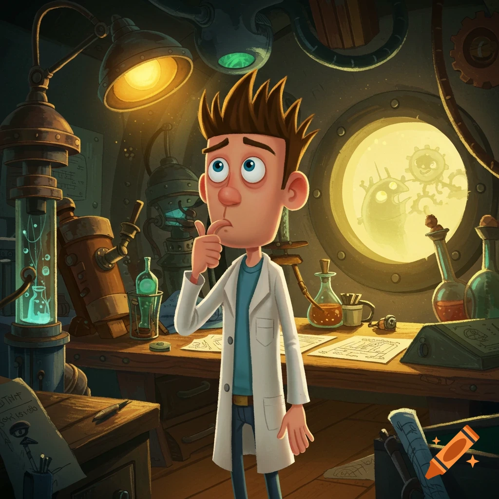 A cartoon scientist, resembling Flint Lockwood, stands thoughtfully in a cluttered, steampunk-style laboratory, with his finger to his lip.