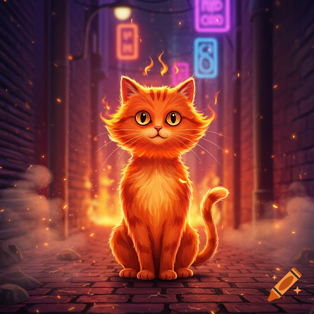 Stylized illustration of an orange cat with stylized flames on its head, sitting in a dark alley with neon signs.