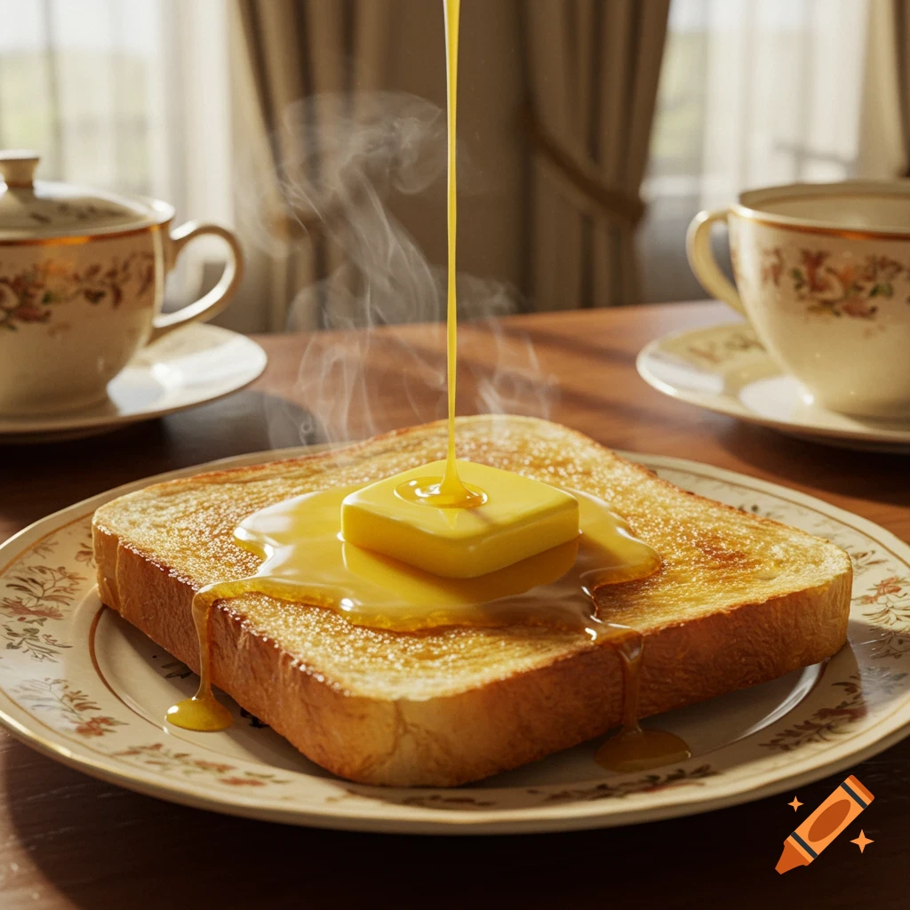 Photorealistic image of syrup being poured over a piece of toast with a pat of butter, steaming on a patterned plate.