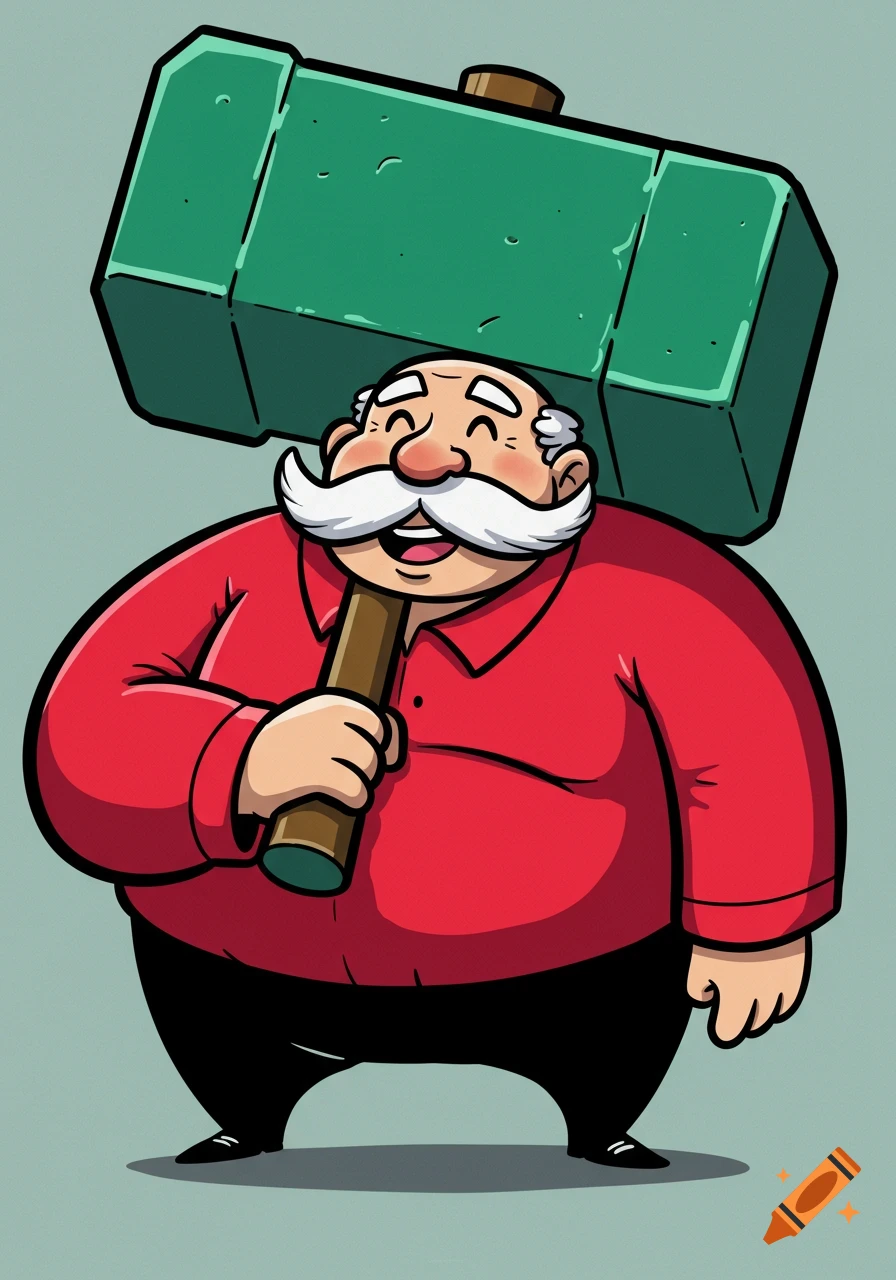A portly, happy old man with a white mustache, wearing a red shirt and black pants, holding a giant green hammer over his shoulder in a cel-shaded cartoon style.