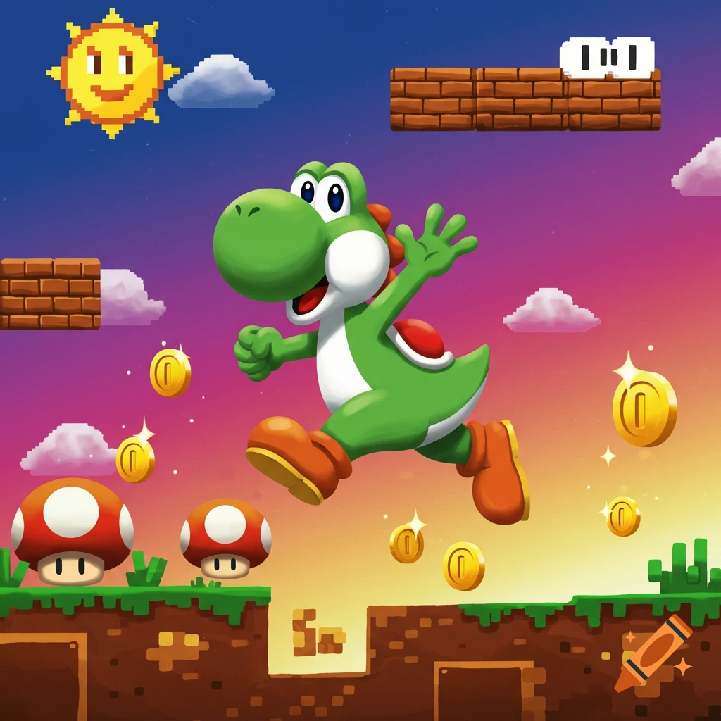 Yoshi jumps in a colorful Super Mario Bros. landscape with pixelated sun, clouds, blocks, mushrooms, and floating coins.
