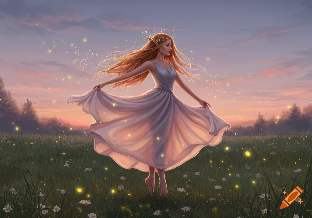 An elf-like woman in a flowing white dress dances in a grassy field dotted with glowing lights at sunset, digital painting.