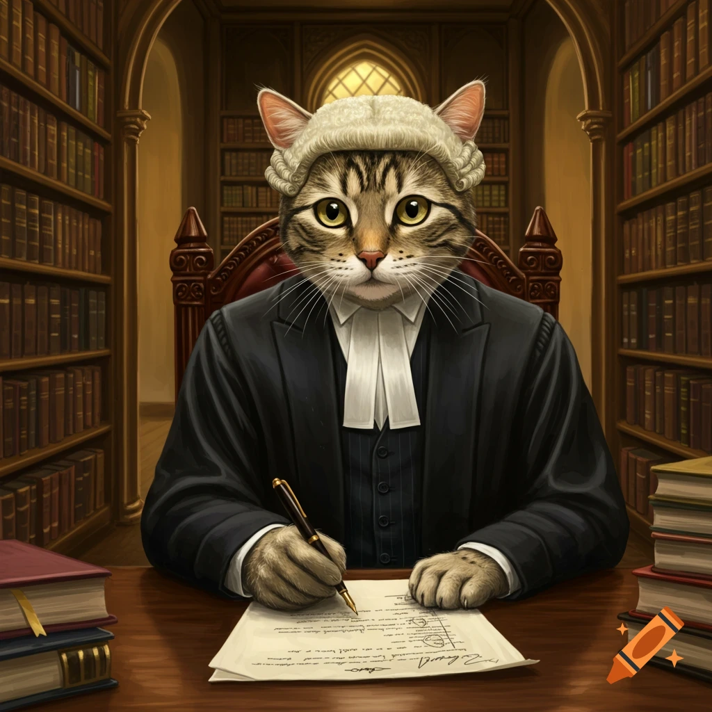 A cat in a judge's wig and black robe sits at a wooden desk in a library, writing on paper with a pen.