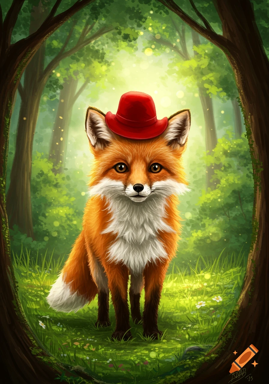 A cute orange and white fox wearing a red hat stands in a vibrant green forest clearing with glowing light.
