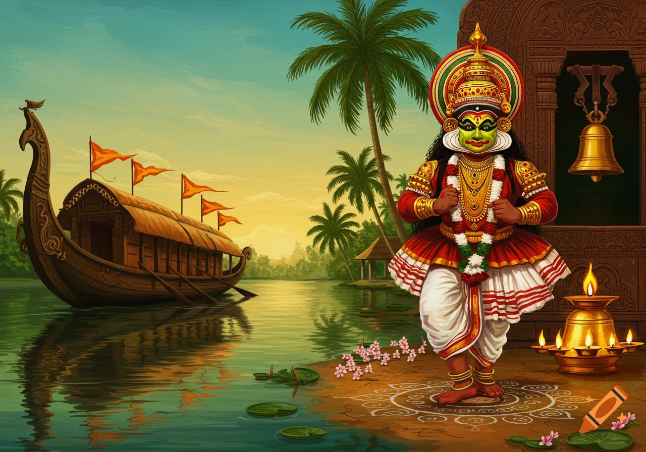 A vibrant painting of a Kathakali dancer on a river bank with a traditional Kerala houseboat and palm trees at sunset.