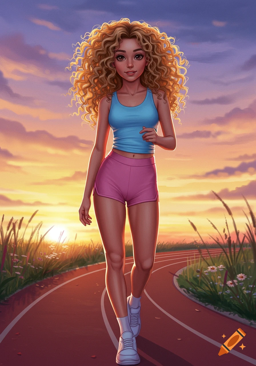 A cartoon girl with curly blonde hair and brown eyes running on a track at sunset, wearing a blue tank top and pink shorts.