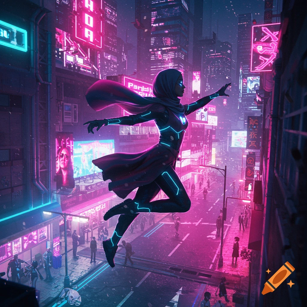 A hijabi superhero in a glowing suit floats above a neon-lit cyberpunk city street at night.