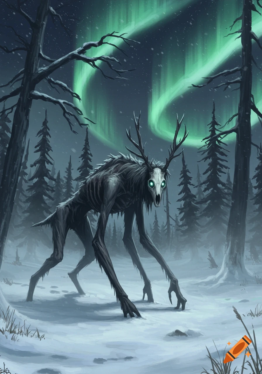 A terrifying, skeletal Wendigo creature with glowing eyes and antlers stands in a snowy forest under the green aurora borealis.