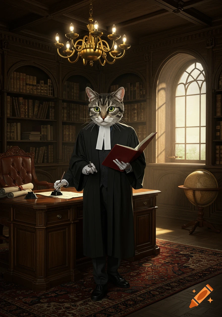 A photorealistic tabby cat in a lawyer's robe holds a book, standing by a desk in a grand, dimly lit library.