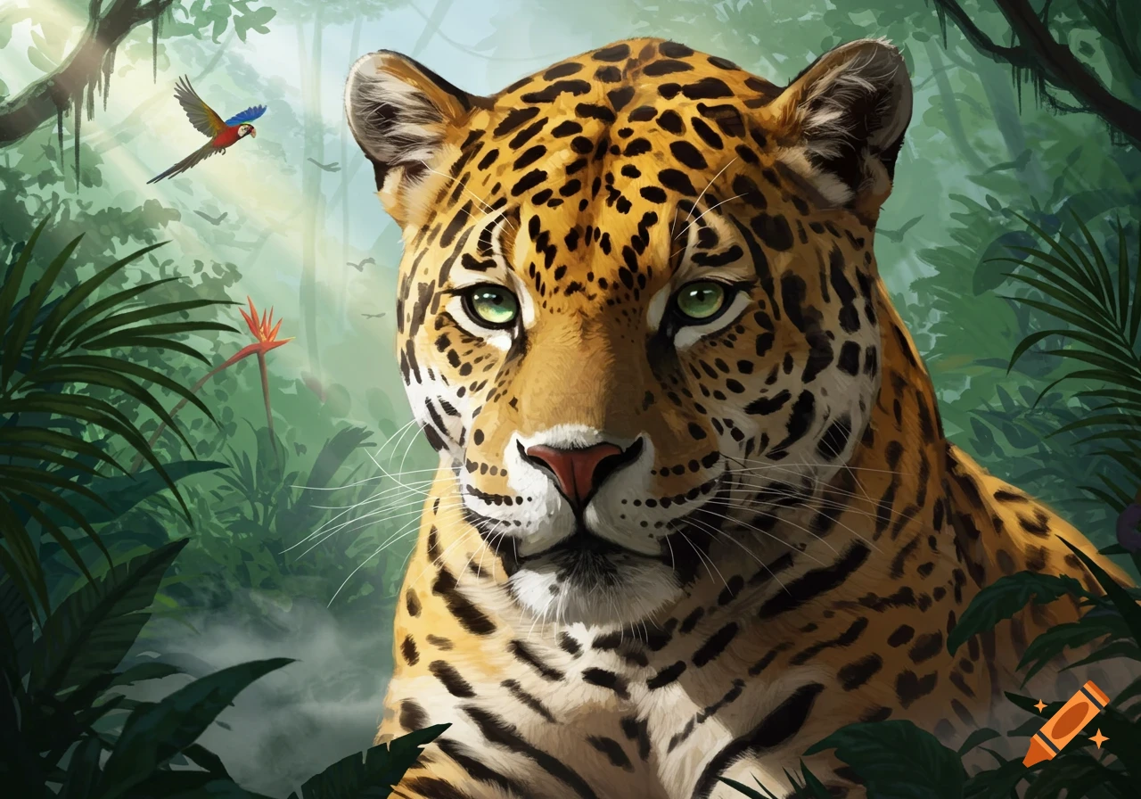 A close-up illustration of a majestic jaguar with green eyes, looking forward in a vibrant tropical jungle with a flying parrot.