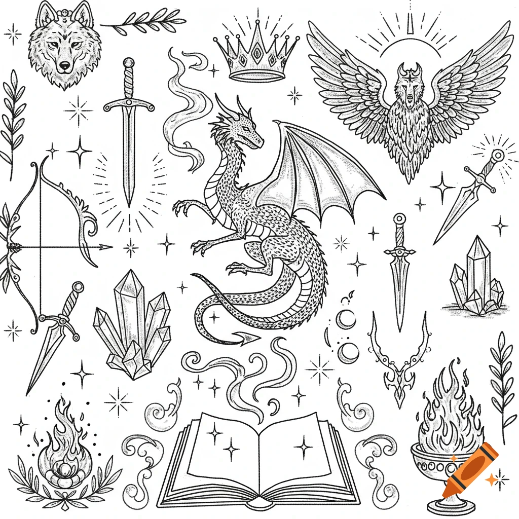 Black line-art collage of fantasy motifs: a dragon, wolf head, swords, crystals, and an open magic book on white.