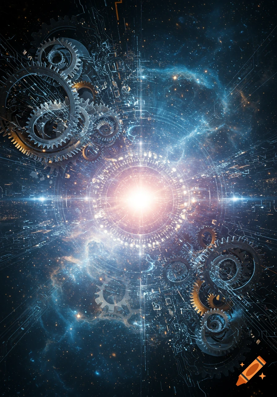 Abstract digital art of glowing cosmic light with intricate gears, circuits, and nebulae in a dark space background.