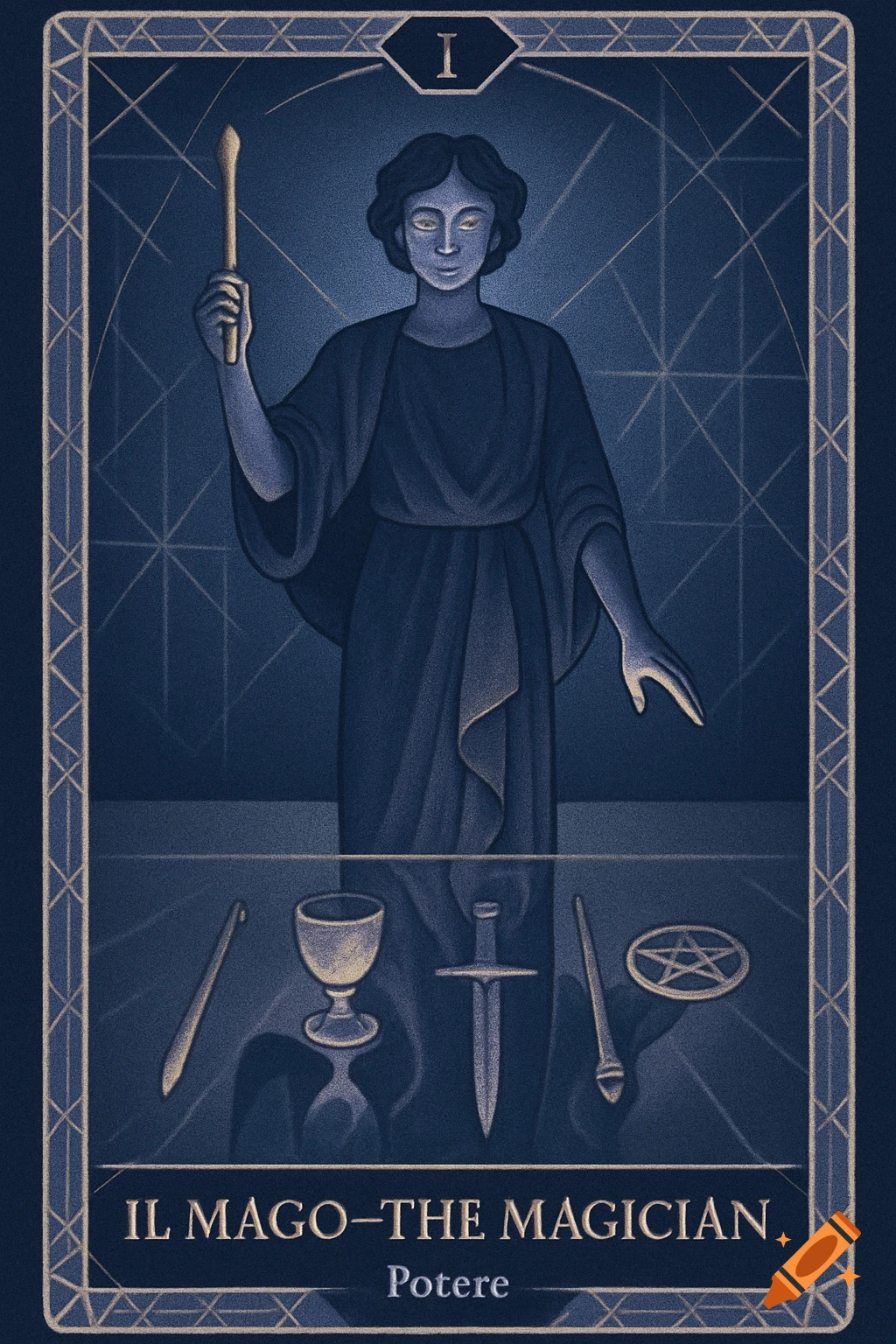 A dark blue tarot card, 'The Magician,' featuring an androgynous figure holding a wand, with symbols like a chalice, sword, and pentacle on a reflective surface below. Stylized artwork.