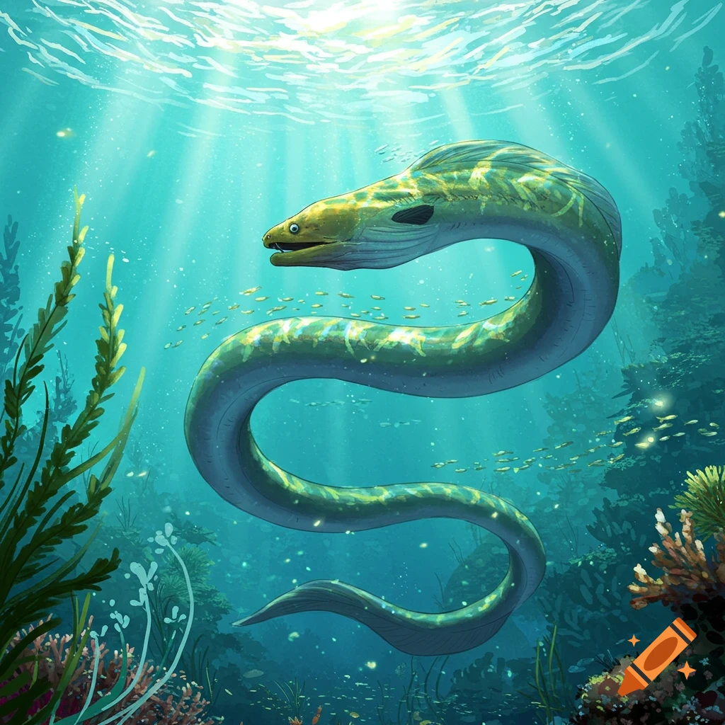 A vibrant green and yellow eel swims in clear blue sunlit water amidst seaweed and coral.