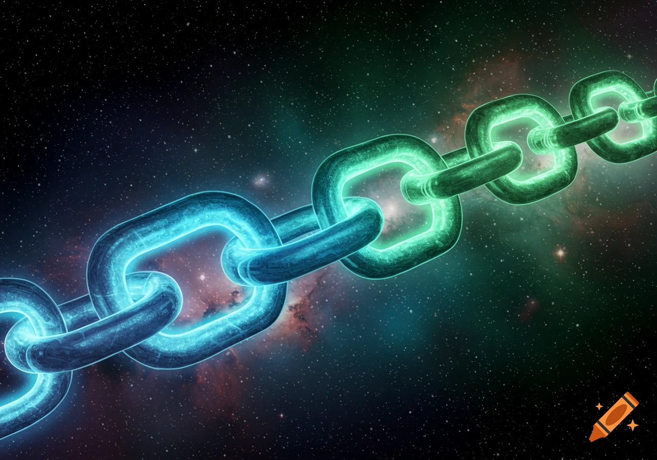 A glowing blue and green chain stretches diagonally across a dark starry cosmic background.