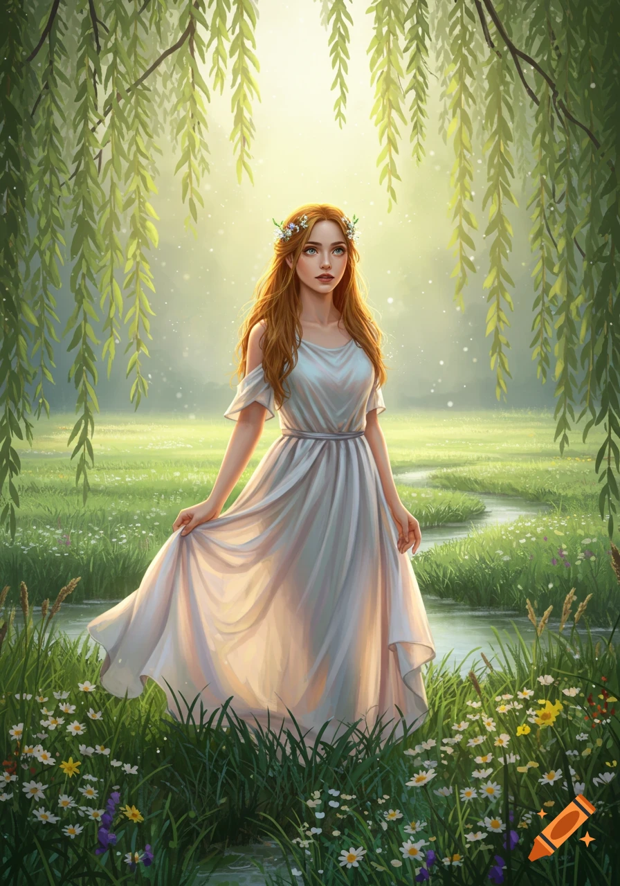 A serene digital art illustration of a young woman with long red hair, in a white dress and flower crown, standing in a sunlit meadow with a stream and weeping willows.
